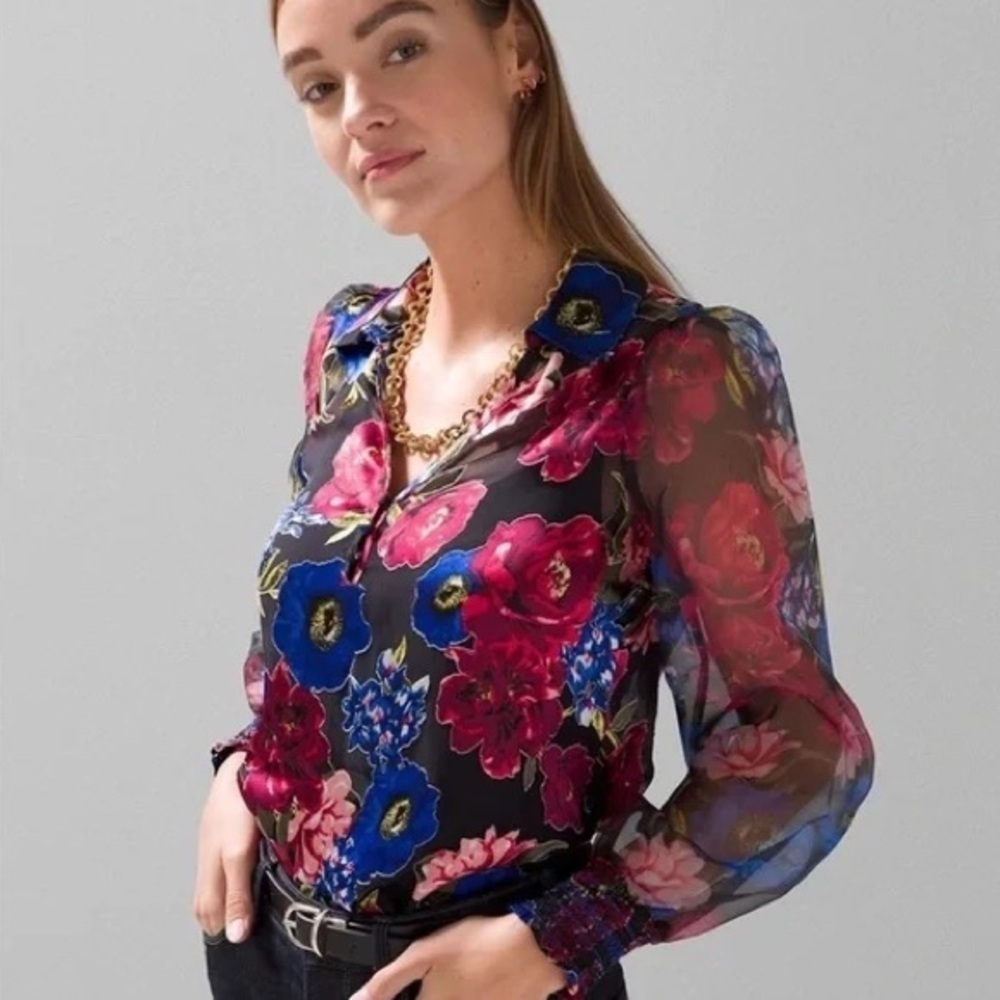 WHBM Silk Burnout Blouse Organza Sleeve Small